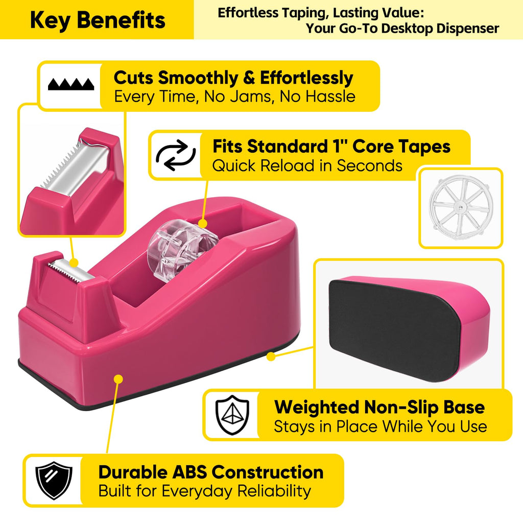 Compact Desktop Tape Dispenser with 6 Rolls 3/4" Clear Tape, Rose Red