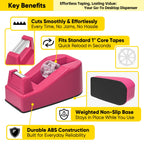 Compact Desktop Tape Dispenser with 6 Rolls 3/4" Clear Tape, Rose Red