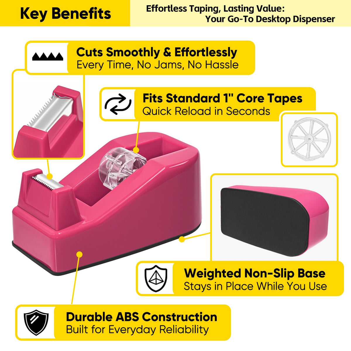 Compact Desktop Tape Dispenser with 6 Rolls 3/4" Clear Tape, Rose Red