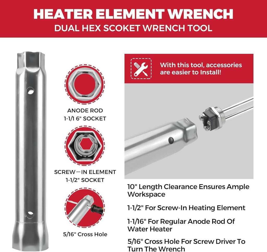 Electric Water Heater Tune-Up Kit, Includes Upper & Lower Heater Thermostat and Protective Covers, Water Heater Heating Elements, Quick Change Tool, Element Wrench