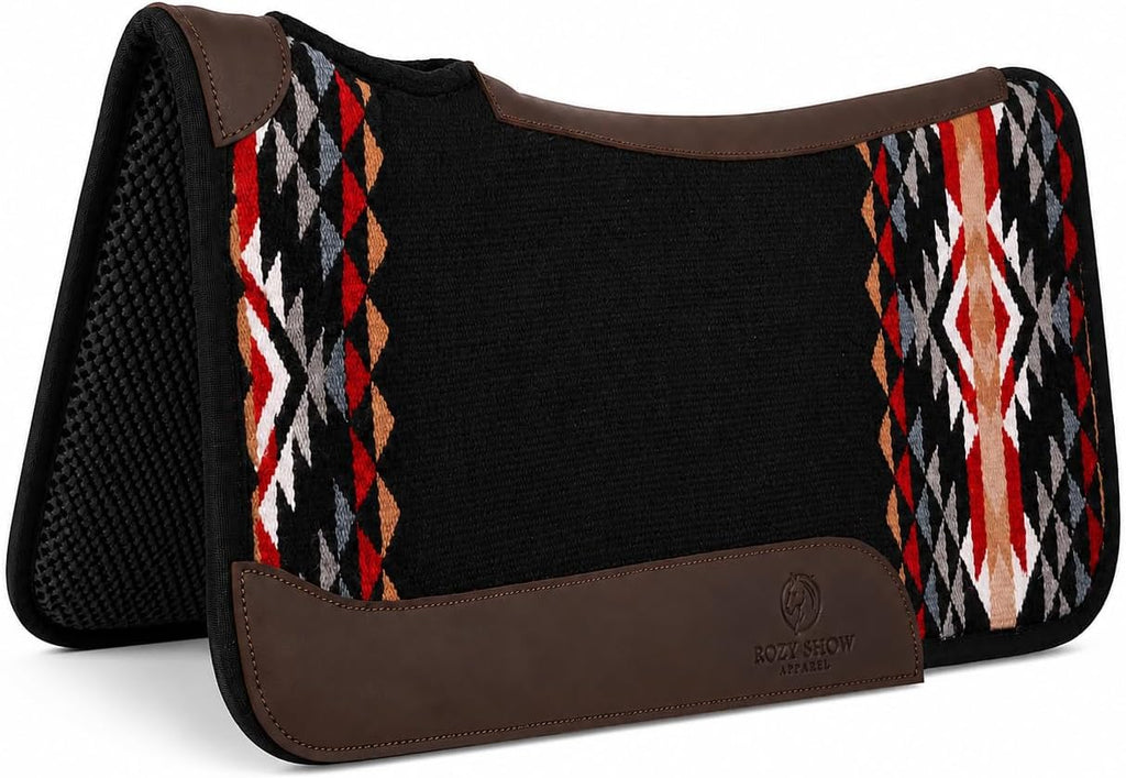 Premium Western Durrie Saddle Pad Black Southwestern Diamond Horse Saddle Blanket with Brown Leather Wear Panels |