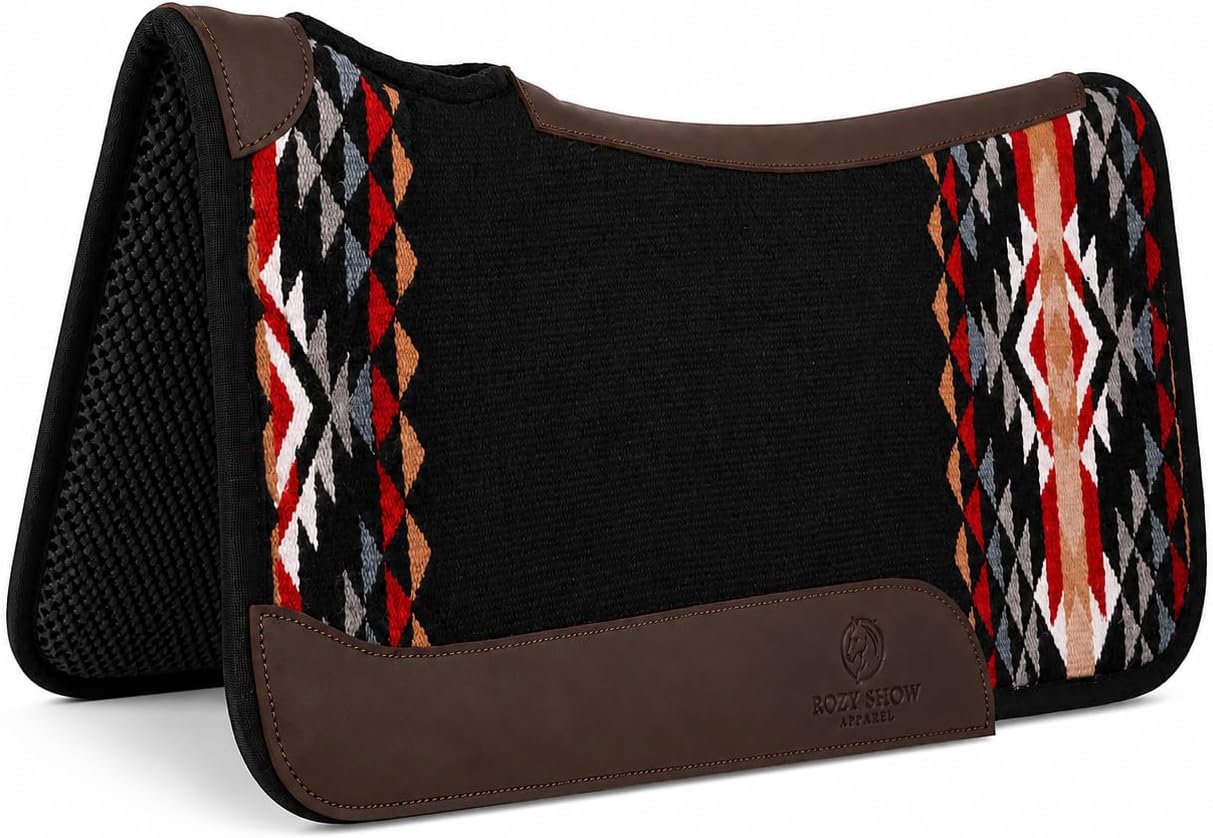 Premium Western Durrie Saddle Pad Black Southwestern Diamond Horse Saddle Blanket with Brown Leather Wear Panels |