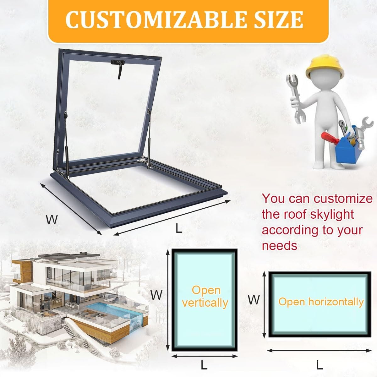 Customizable Roof Windows Skylight, Manual Vented Skylights for House Roofs, Double-Glazed Tempered Glass and