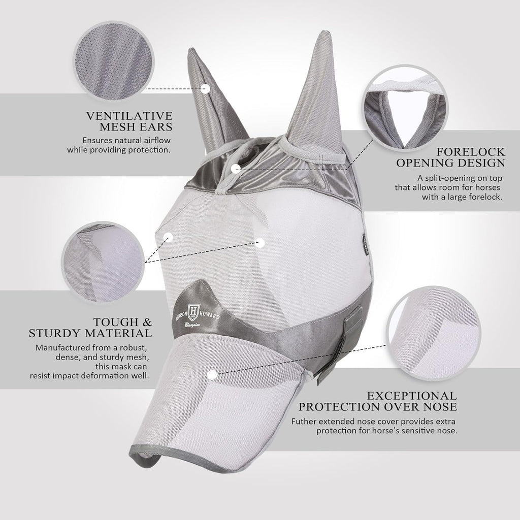 Full Face Horse Fly Mask UV Protection and Breathable for Equine Use Comfortable Grey L