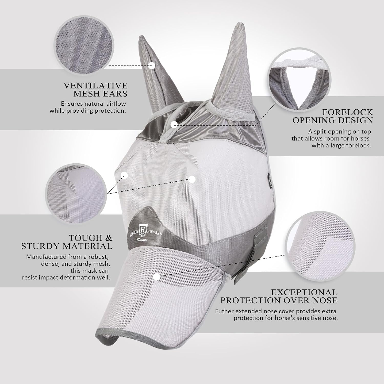 Full Face Horse Fly Mask UV Protection and Breathable for Equine Use Comfortable Grey L