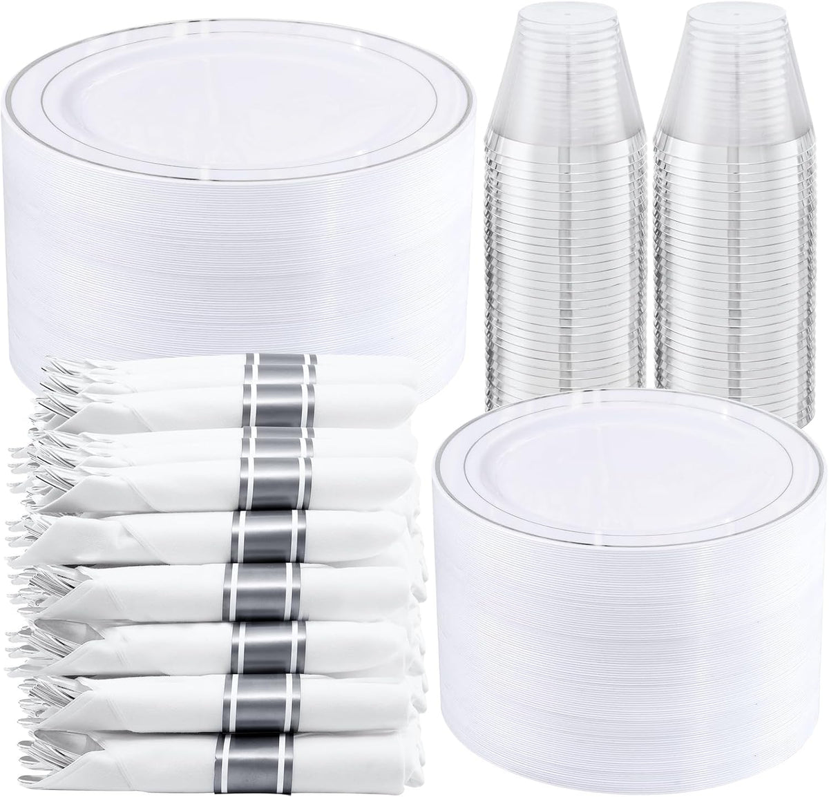 350-Piece Silver Plastic Dinnerware Set - Disposable 10.25" Dinner Plates, 7.5" Dessert Plates, 9oz Silver Rim Cups &