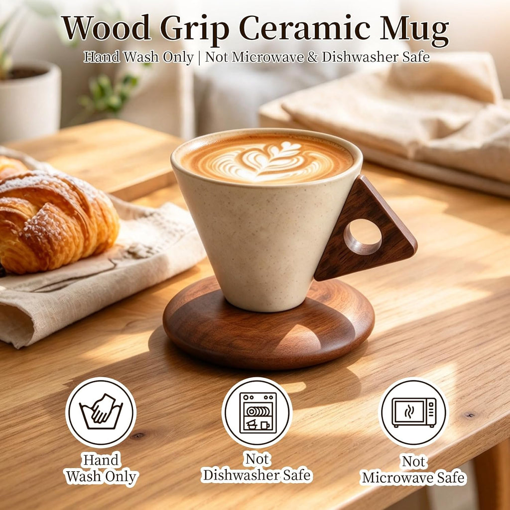 Retro ceramic coffee mug, Creative Cone coffee cup set Unique Ceramic Coffee Tea Cups wood handle and coaster