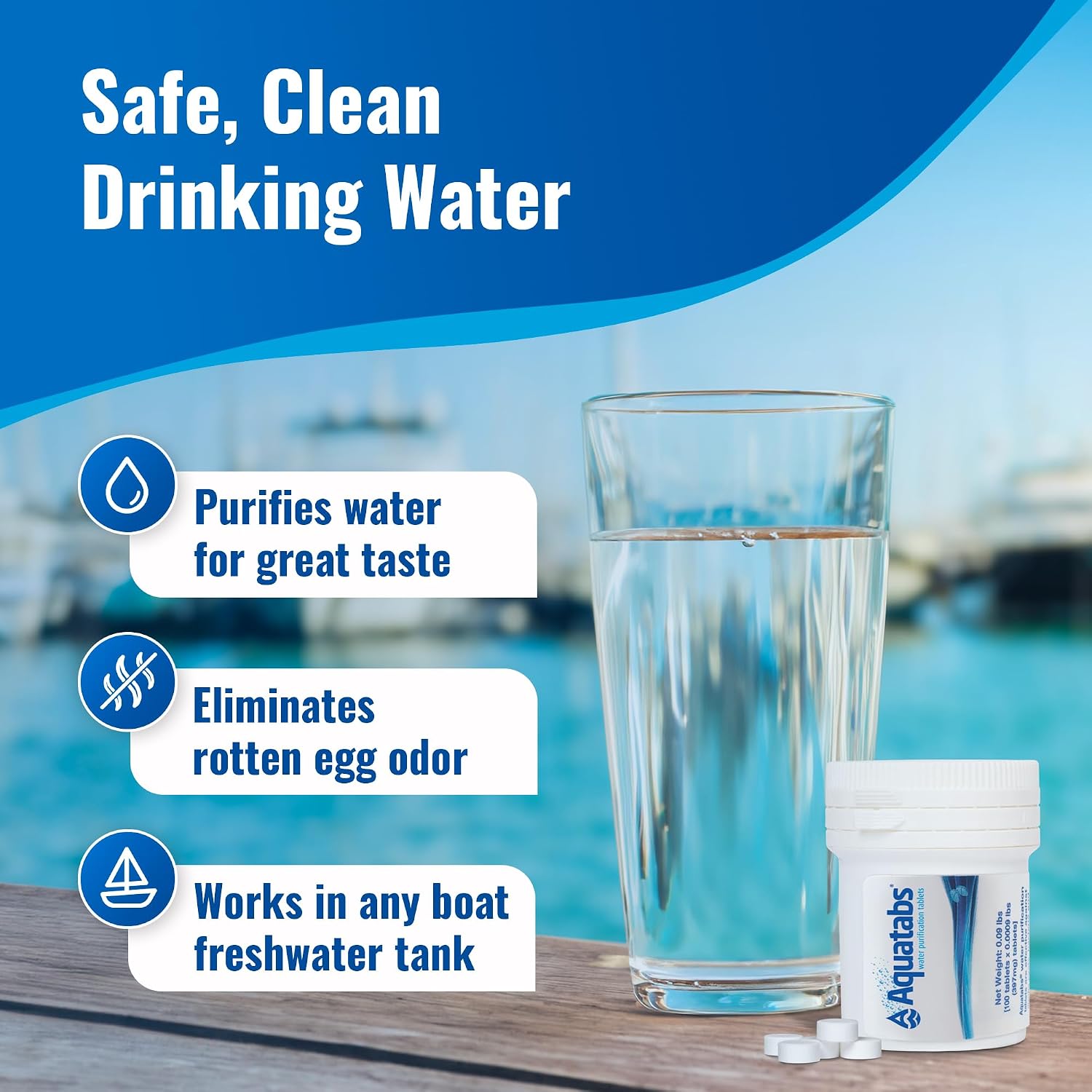 Drinking Water Essentials Kit - 200 Aquatabs Water Purification Tablets + 50 Chlorine Test Strips - for Boat and RV