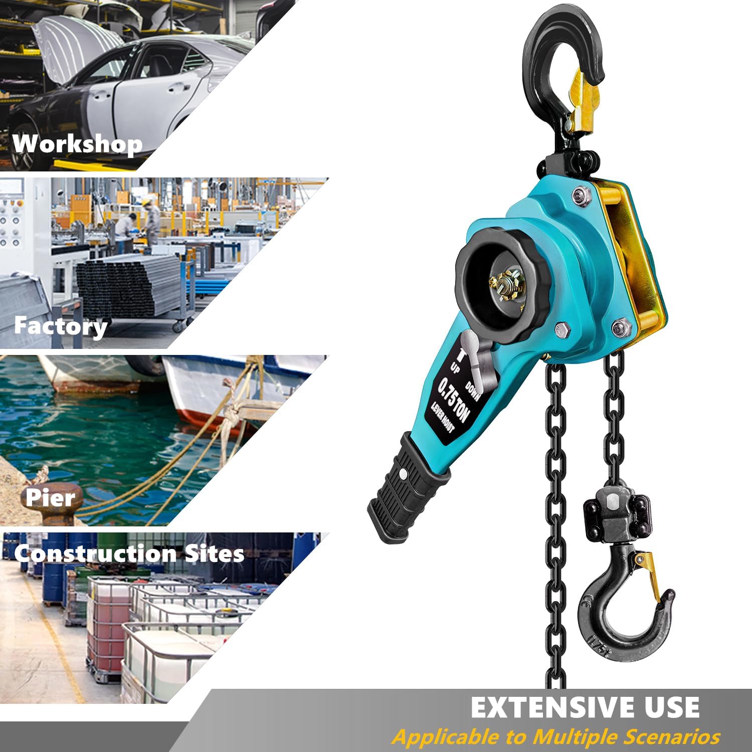 Manual Lever Chain Hoist 3/4 Ton 1650 lbs Lever Hoist 5 ft Ratchet Chain Puller Hoist|2 Heavy Duty Hooks G80