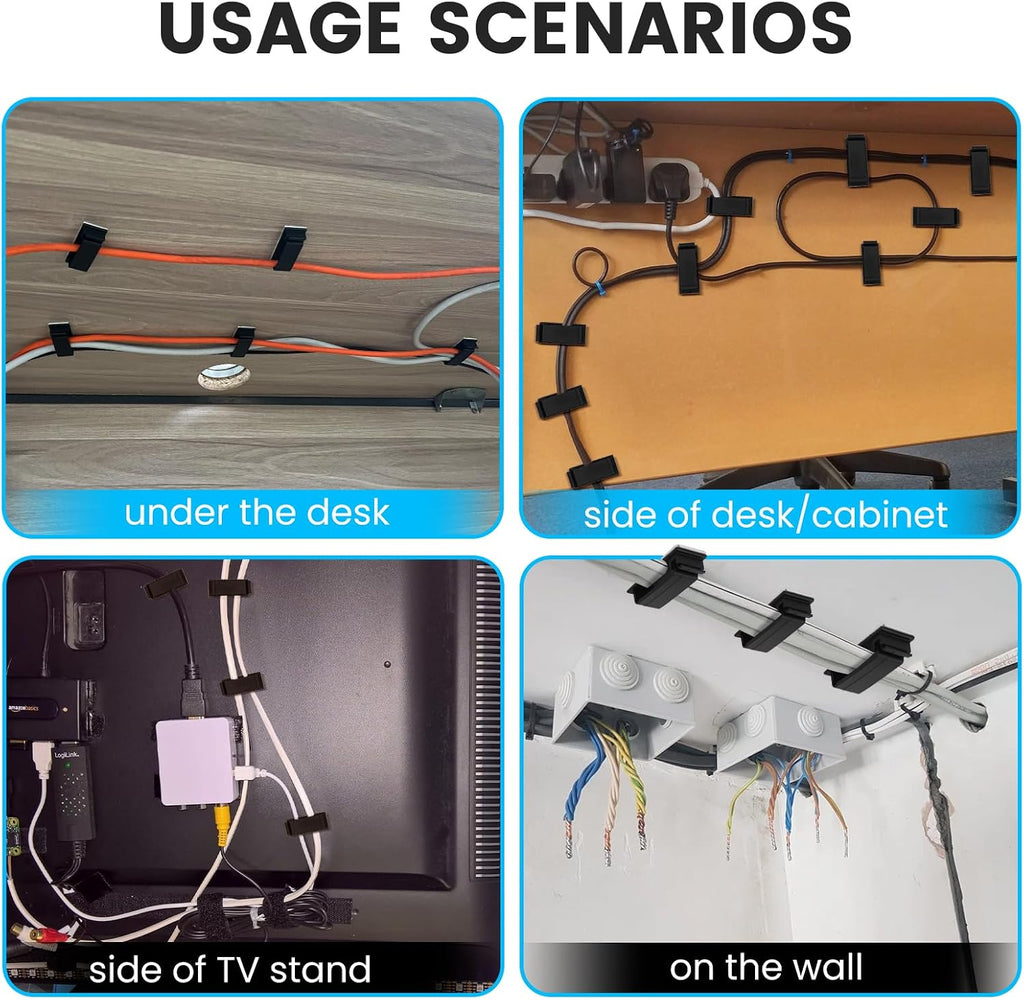 Adhesive Cable Management Clip (20Pcs Black),Cord Management Under Desk,Wire Organizer for TV PC Ethernet HDMI