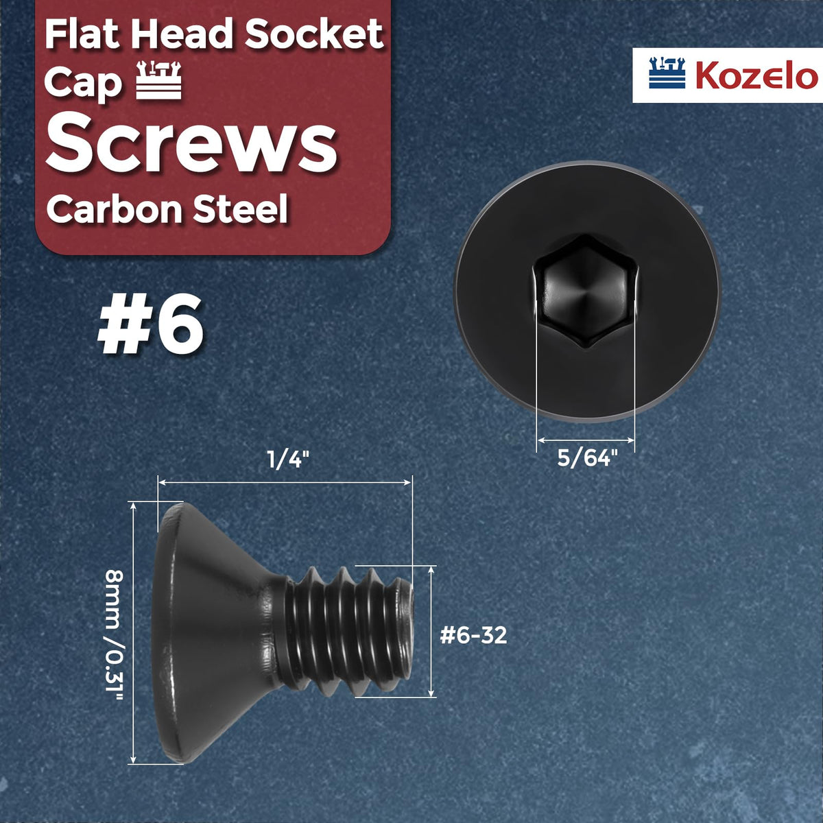 Kozelo 10Pcs #6-32x1/4 Flat Head Socket Cap Screw Countersunk Bolt