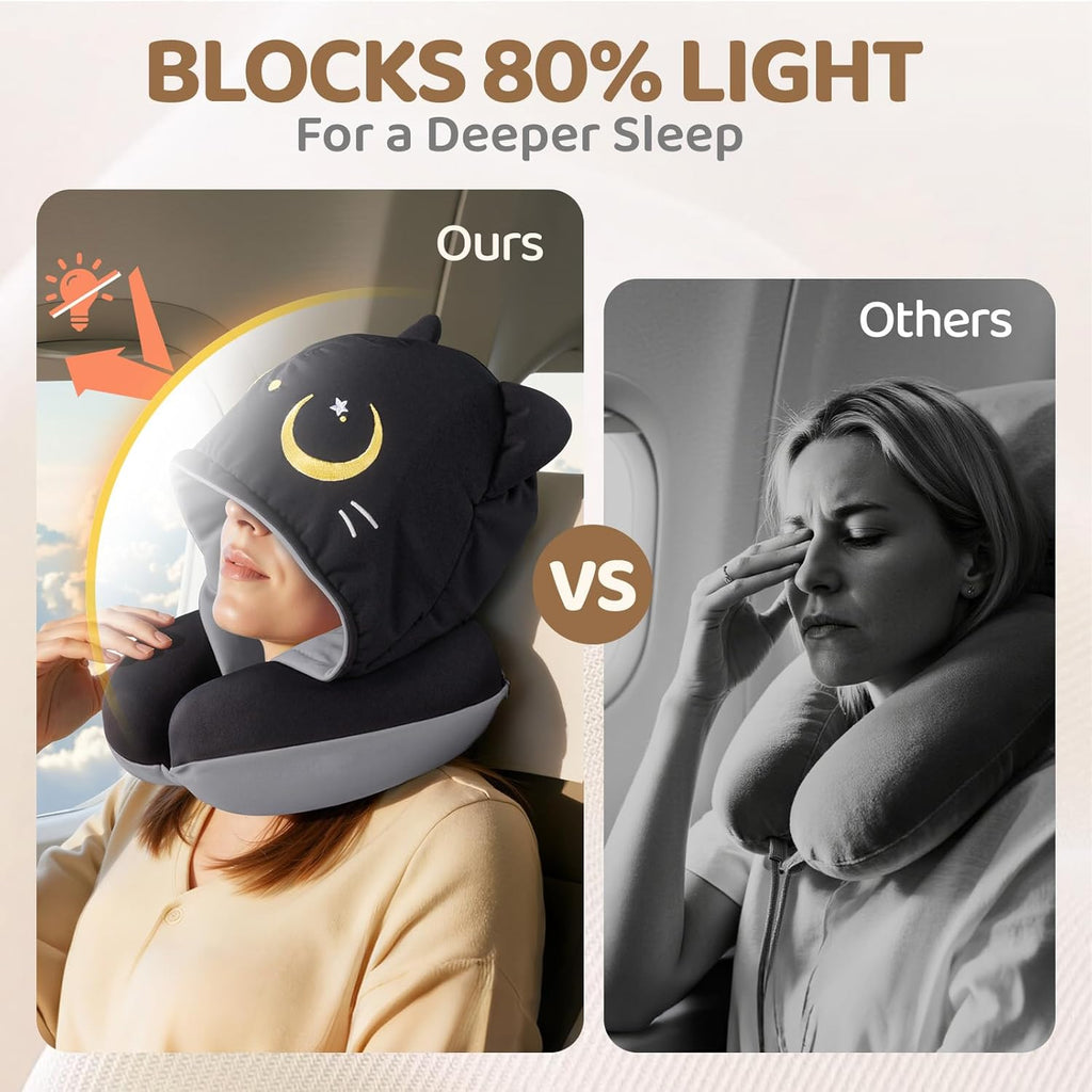 Travel Neck Pillow with Hood for Airplanes,Memory Foam,Breathable Ice Silk & Soft Velvet,Double-Sided,Removable to