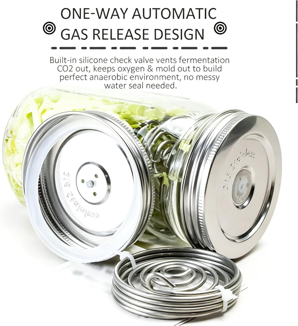 Stainless Steel Fermentation Lids Kit with Springs and Silicone Airlock for 16/24/32/64Oz Wide Mouth Mason Jars
