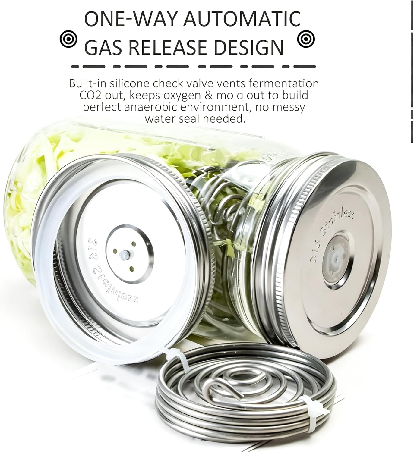 Stainless Steel Fermentation Lids Kit with Springs and Silicone Airlock for 16/24/32/64Oz Wide Mouth Mason Jars