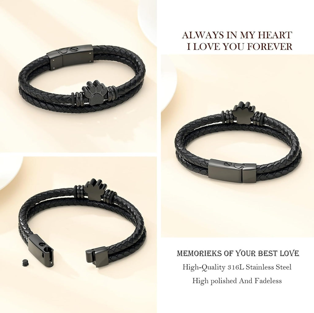 Pet Cremation Jewelry Paw Print Urn Bracelet for Ashes for Women Men Leather Memorial Dog Cat Ashes Keepsake Bangle