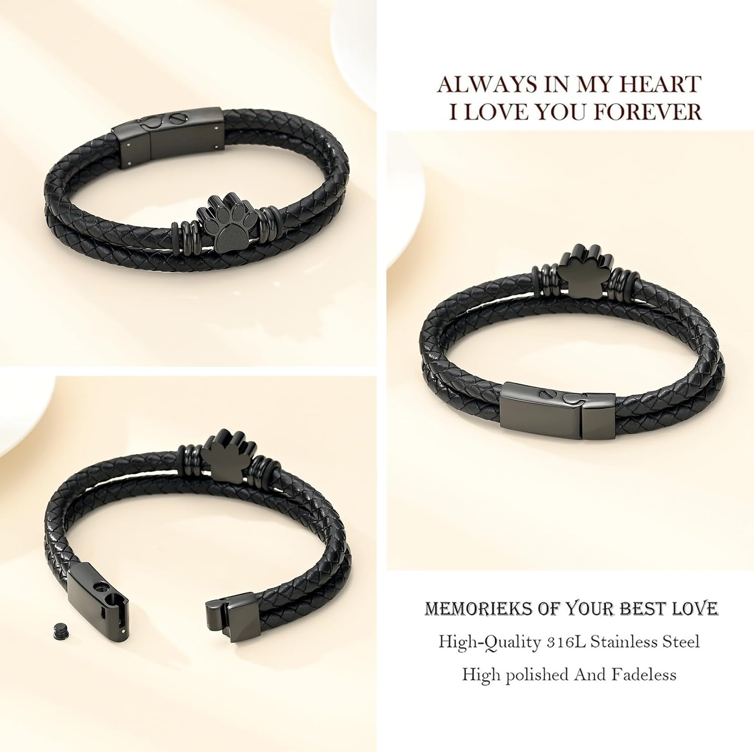 Pet Cremation Jewelry Paw Print Urn Bracelet for Ashes for Women Men Leather Memorial Dog Cat Ashes Keepsake Bangle