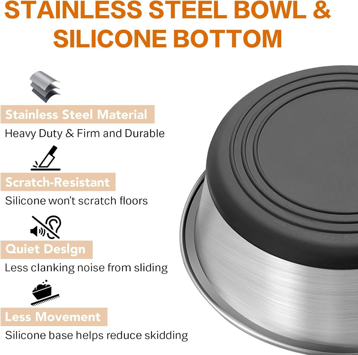 Stainless Steel Dog Bowls Set of 2, Extra Thick Metal Bowls, with Non-Slip Rubber Base Dog Bowl, BPA Free, Holds 8