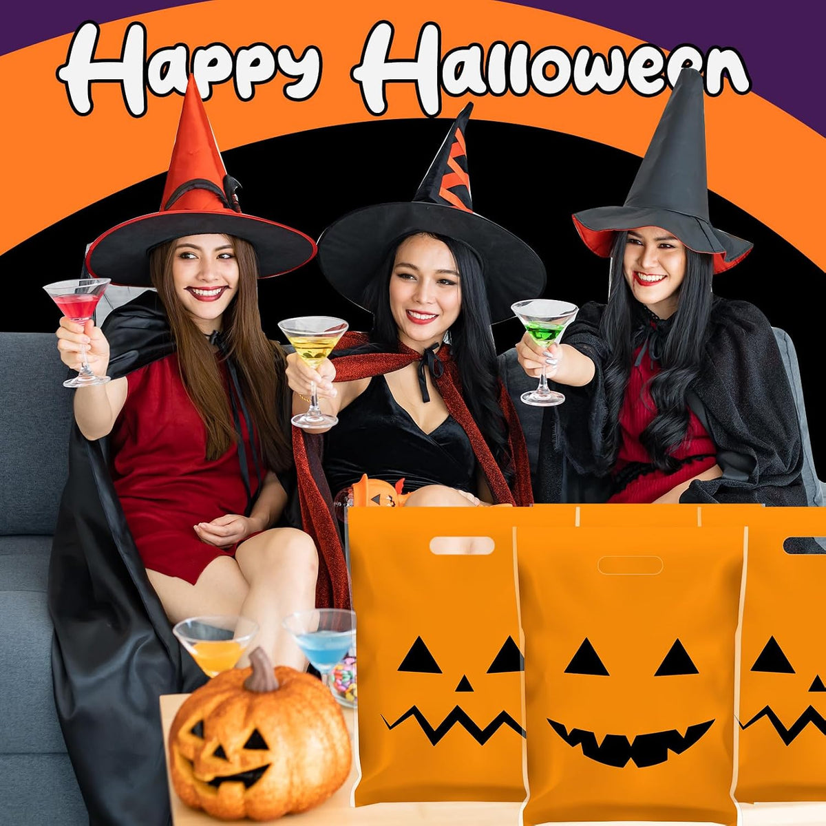 48 Pcs Large Plastic Halloween Pumpkin Gift Bags Bulk