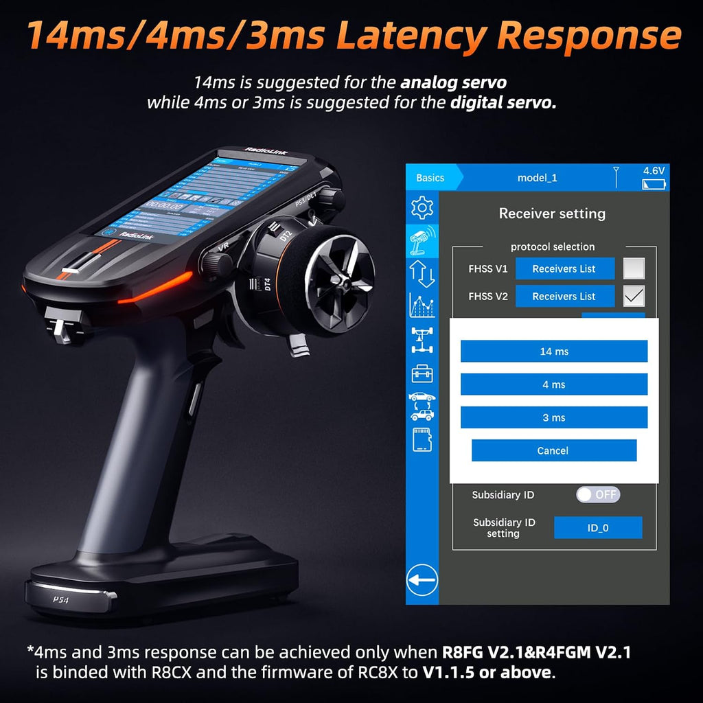 RC8X 8 Channels RC Transmitter with R8FG&R4FGM Gyro Receivers | 4.3" IPS Touch FPV Screen2.4G Voltage Telemetry