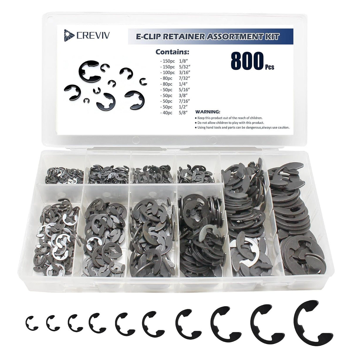Retaining Rings E Clip Assortment Kit, 800 Pcs, 10-Sizes, INCH