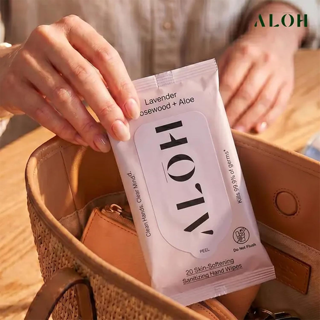 ALŌH Lavender Rosewood + Aloe Hand Sanitizer Wipes, Travel Size | Clean Hands, Clear Mind, On The Go for Kids and