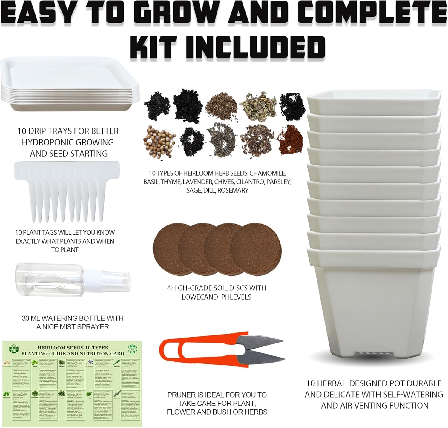 10 Herb Seeds Garden Starter Grow Kit with White Pots, Markers, Nutritional Soil, Watering, Herb Clipper, Complete