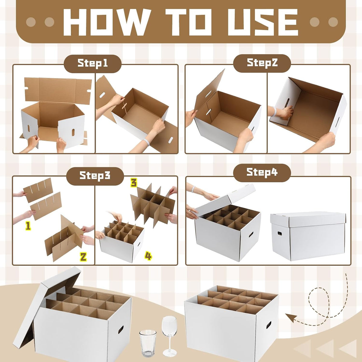 4 Pcs Wine Glass Moving Box Kit, White, 15 x 12 x 10 Inches