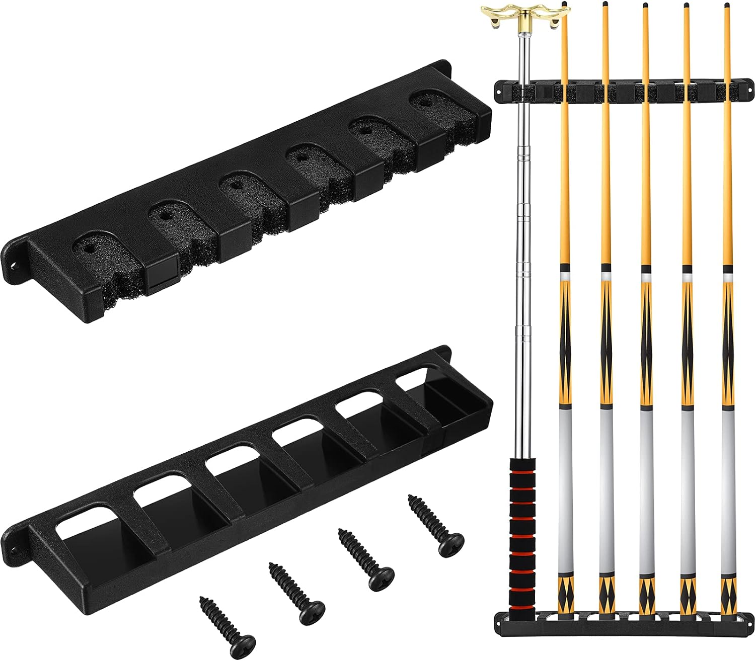 2 Pieces Pool Stick Holder Pool Cue Rack for 6 Cue Wall Mounted Table Stick, Balls Billiard Table Accessories for