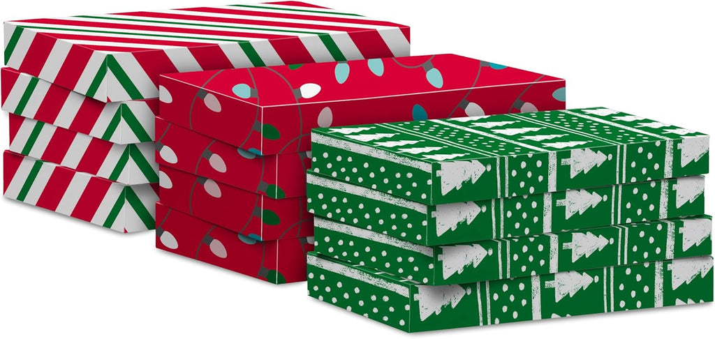 Medium Christmas Gift Boxes with Lids (12 Shirt Boxes, 3 Designs: Lights, Trees, Red and Green Stripes) for
