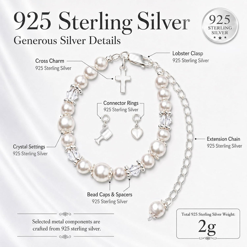 Baptism Bracelet in 925 Sterling Silver and Cultured Pearls for Baby Girls, Comes with a Unique Silver-plated Jewelry