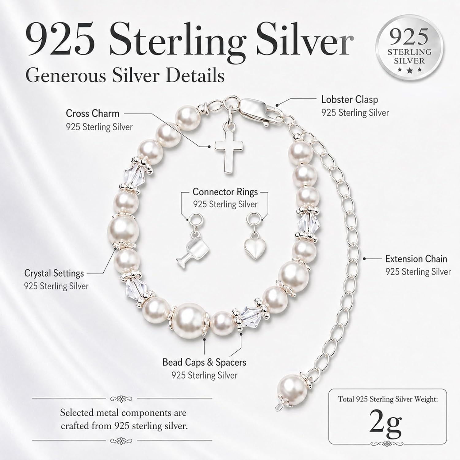 Baptism Bracelet in 925 Sterling Silver and Cultured Pearls for Baby Girls, Comes with a Unique Silver-plated Jewelry