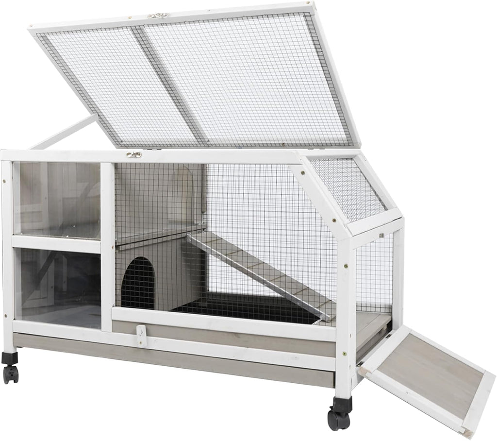 Indoor Rabbit Hutch - 36''L Outdoor Wooden Bunny Hutch with Wheels Rabbit Cage Guinea Pig Cages Removable Pull Out