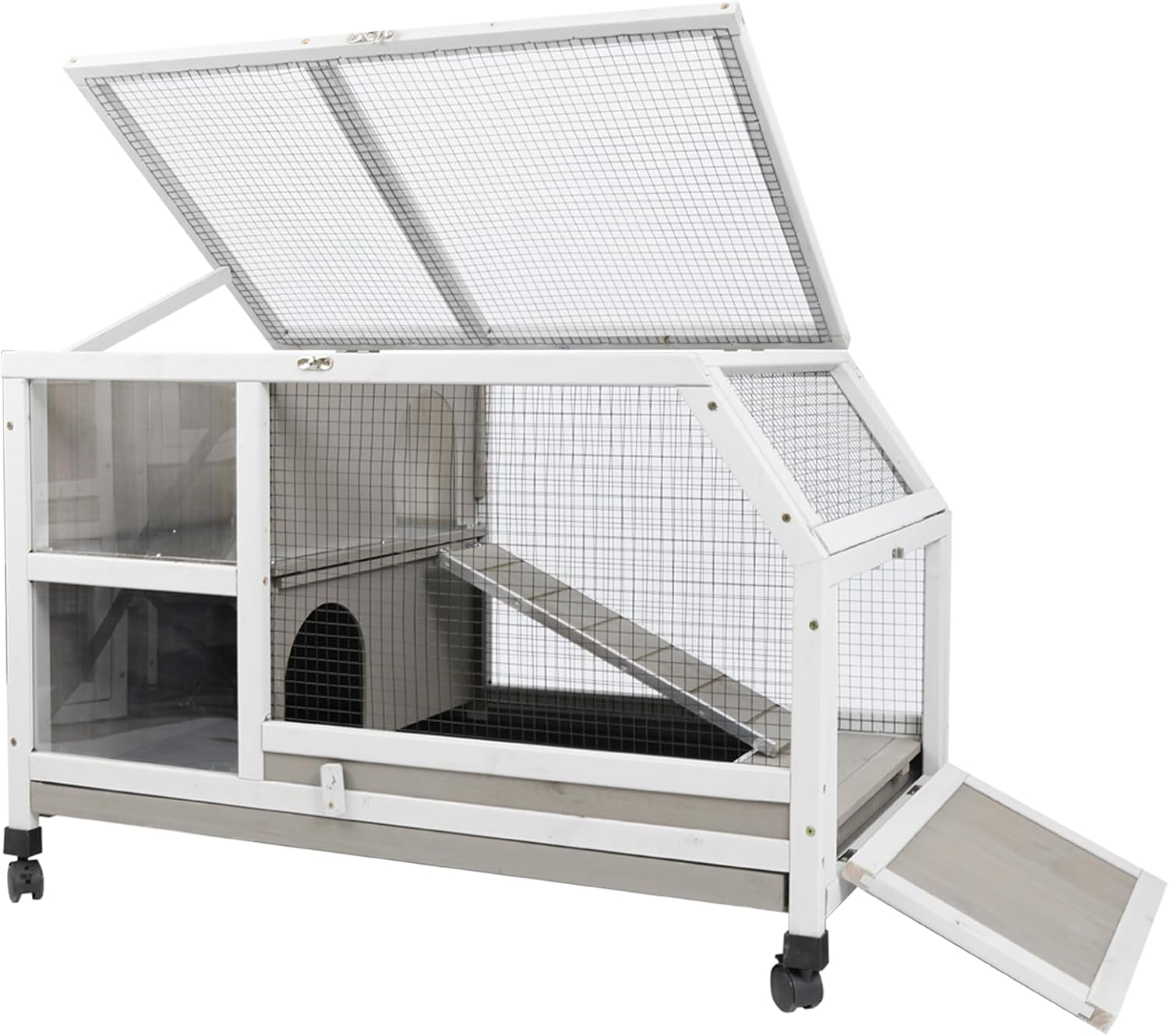 Indoor Rabbit Hutch - 36''L Outdoor Wooden Bunny Hutch with Wheels Rabbit Cage Guinea Pig Cages Removable Pull Out