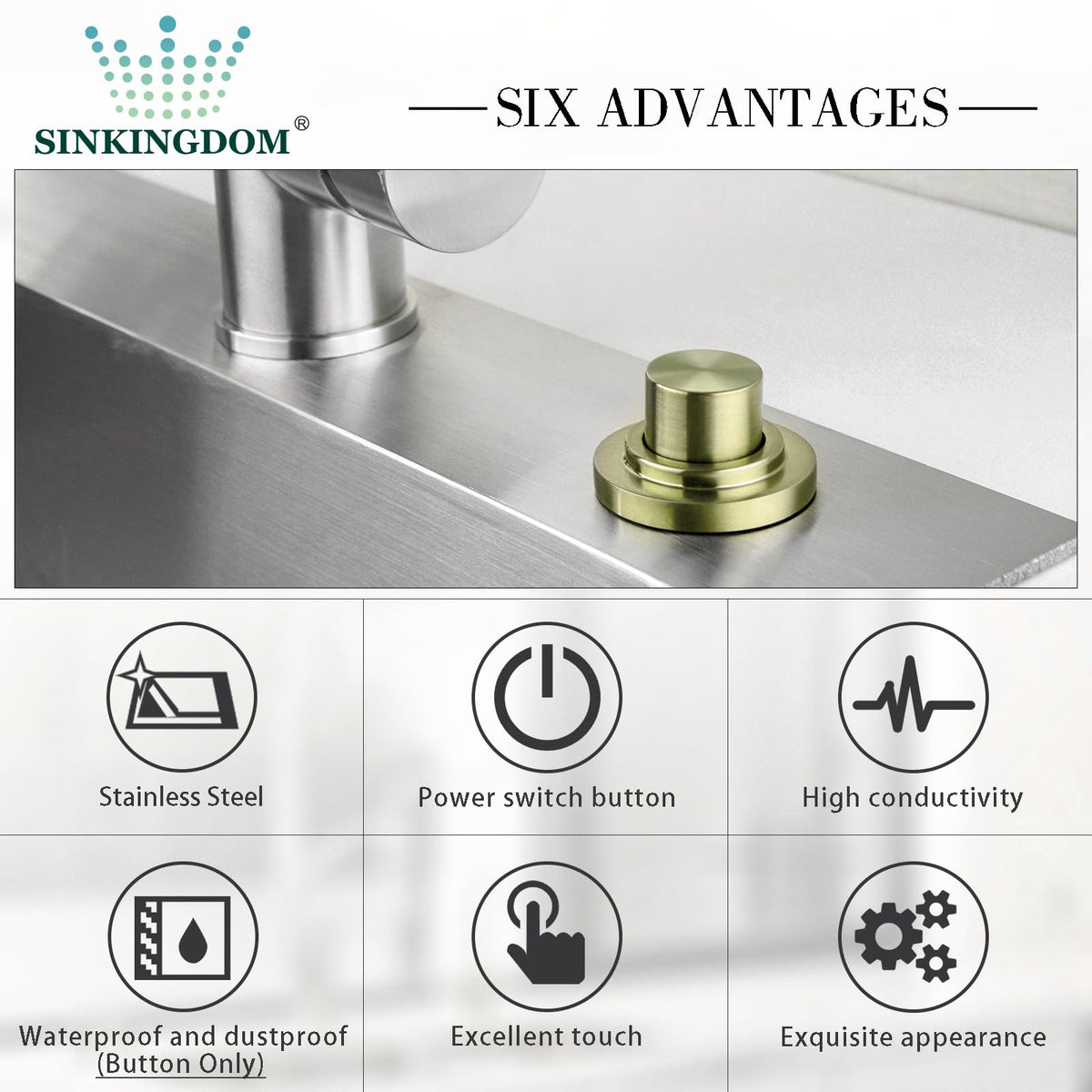 SINKINGDOM SinkTop Air Switch Kit with Brass Gold Long Button (Full Brass) for Garbage Disposal,without cabel