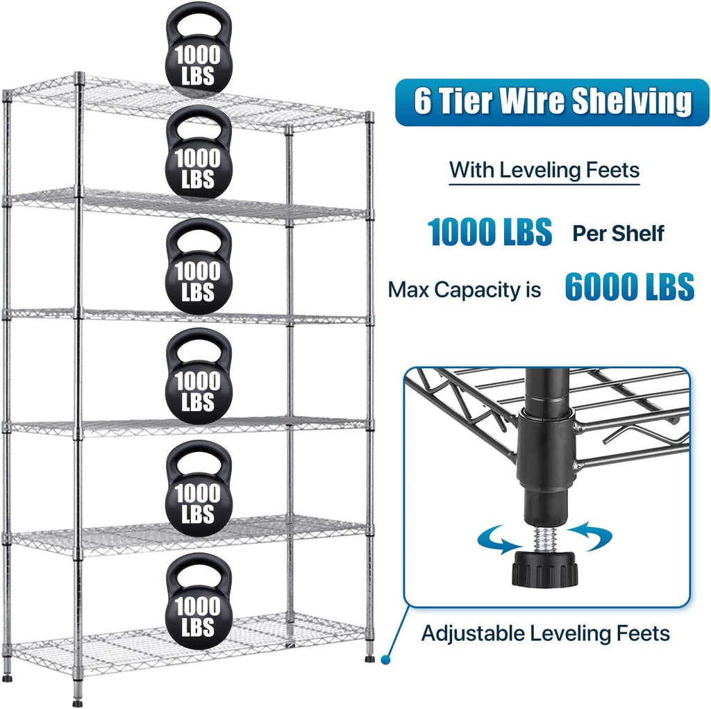 6 Tier Wire Shelving Unit with Wheels 48" X 18" X 76" Metal Storage Shelves Height Adjustable NSF Heavy Duty