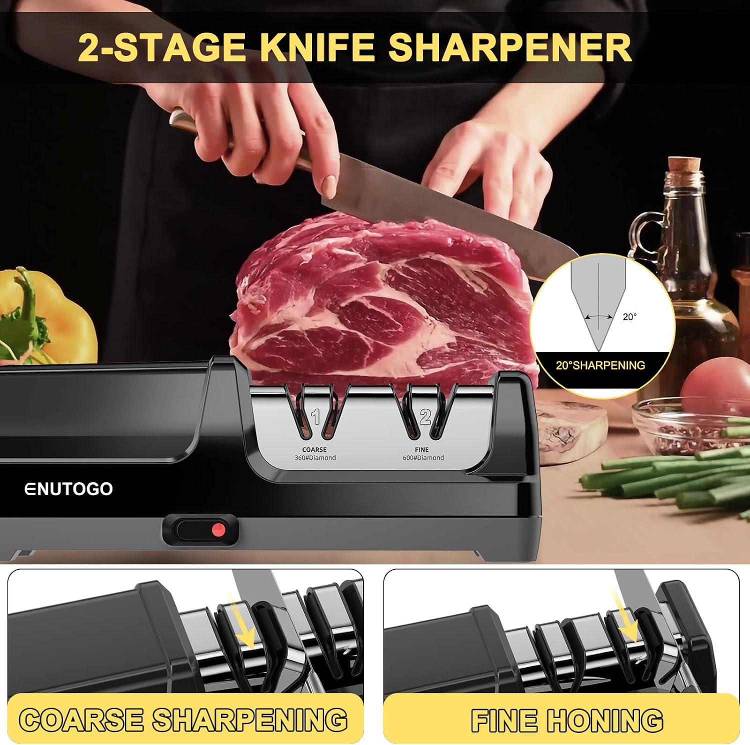 Knife Sharpener, Professional 2-Stages Eleltric Knife Sharpeners with Diamond Abrasives for 20-Degree Straight Edge
