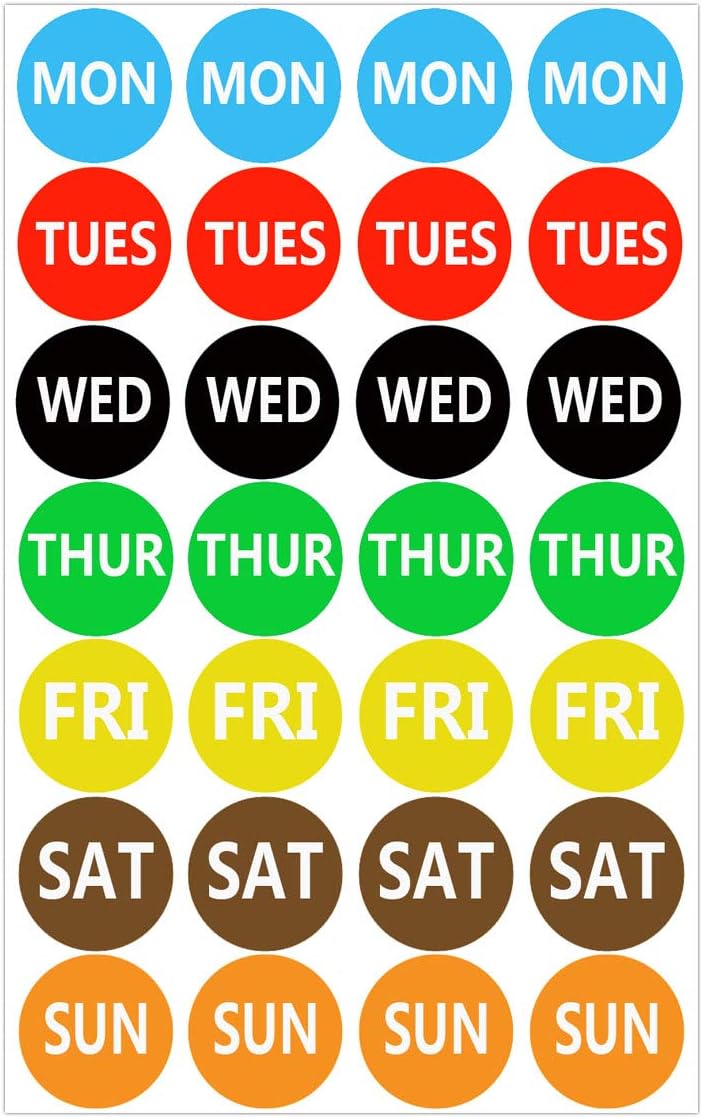 7 Days of The Week Labels Color Coding Dot Round Self Adhesive Stickers,1inch Round Dot