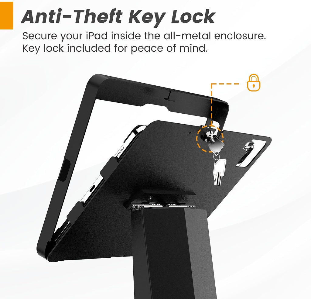 All-in-One Tablet POS Stand with Printer Compartment, All Metal Desktop Kiosk with Key Lock, 90° Flip Enclosure