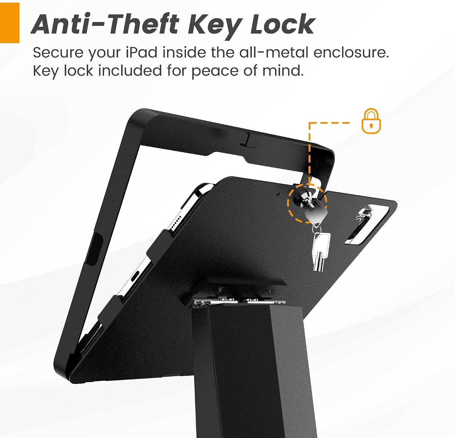 All-in-One Tablet POS Stand with Printer Compartment, All Metal Desktop Kiosk with Key Lock, 90° Flip Enclosure