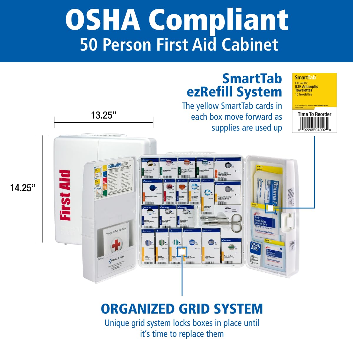 SmartCompliance 50-Person OSHA Compliant First Aid Kit for Business and Office Spaces - Large Plastic Cabinet