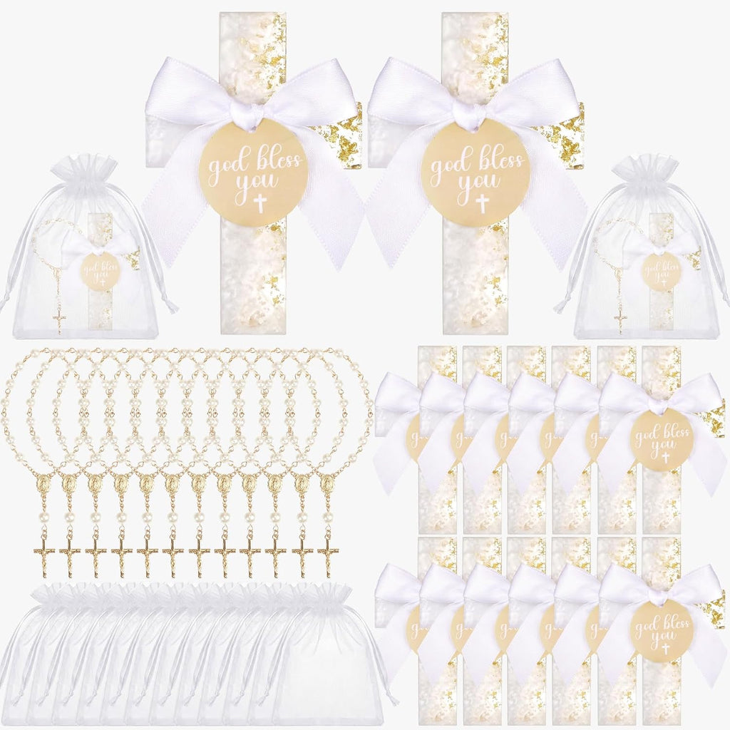 36 Pcs Baptism Favors Set, 12 Resin Cross Fridge Magnets with Bow Tied Cards, 12 Acrylic Baptism Rosary Beads with
