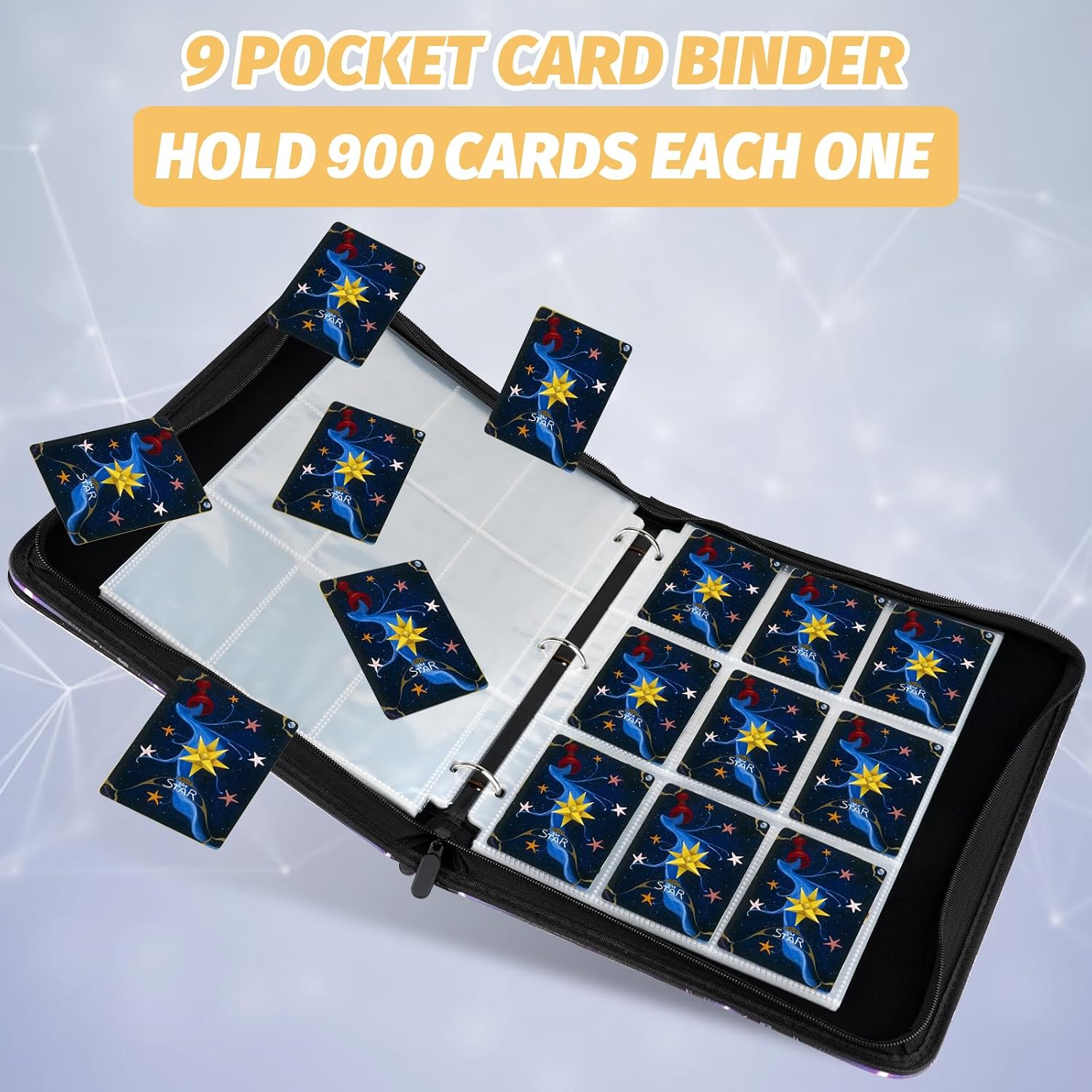 9 Pocket Trading Card Binder,900 Cards,50 Top-Loading Pages, Double Sided Pockets PU Cover Zipper Collection Album