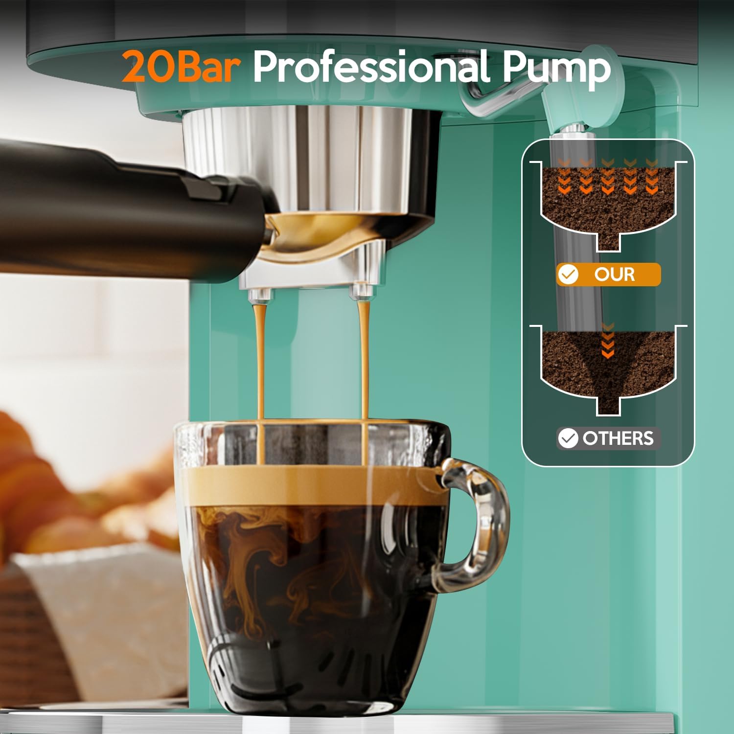 20 Bar Espresso Machine Semi-Automatic, Professional Coffee Maker with Milk Frother Steam Wand & 45OZ Removable Water