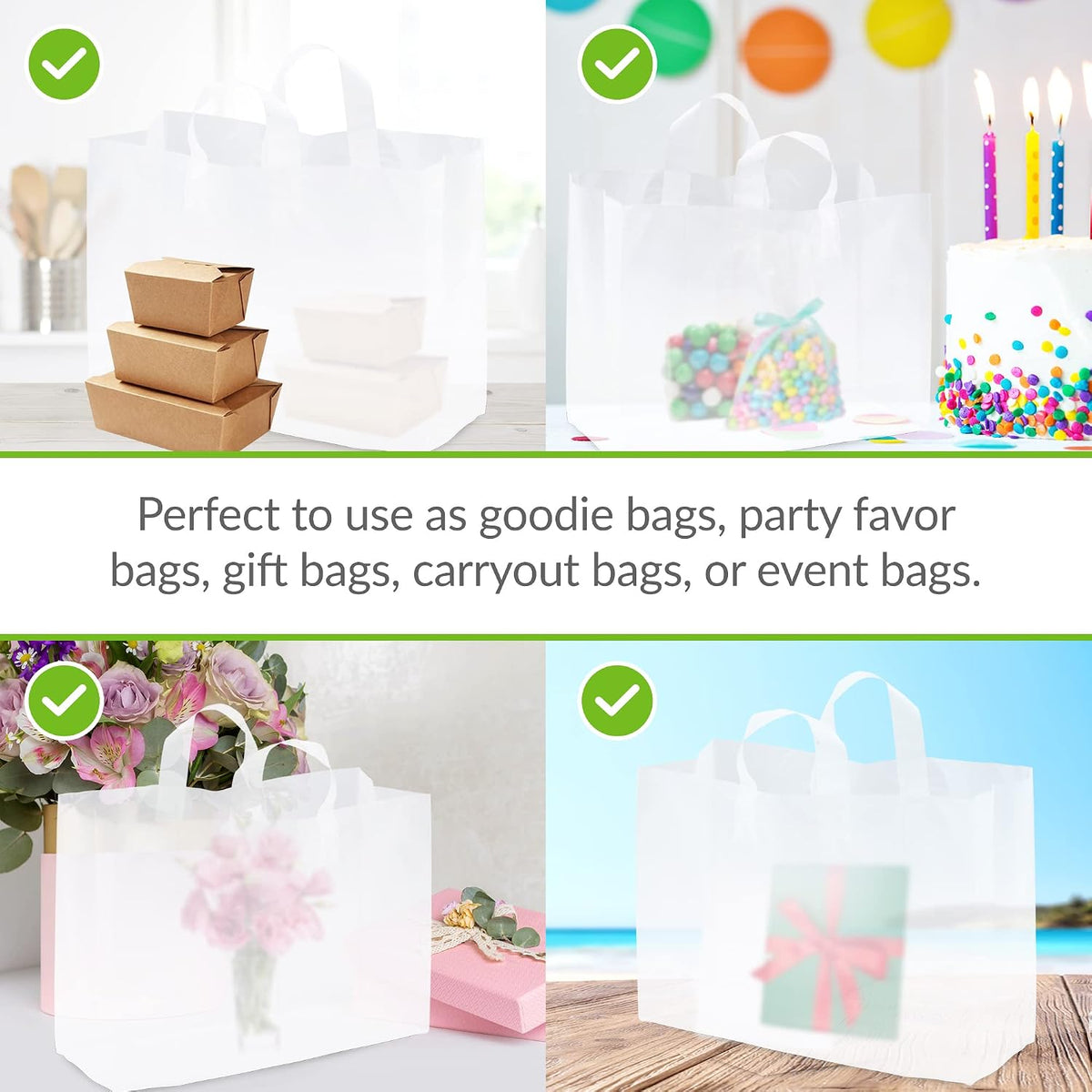 Clear Shopping Bags with Handles, 16x6x12, 100 Pack
