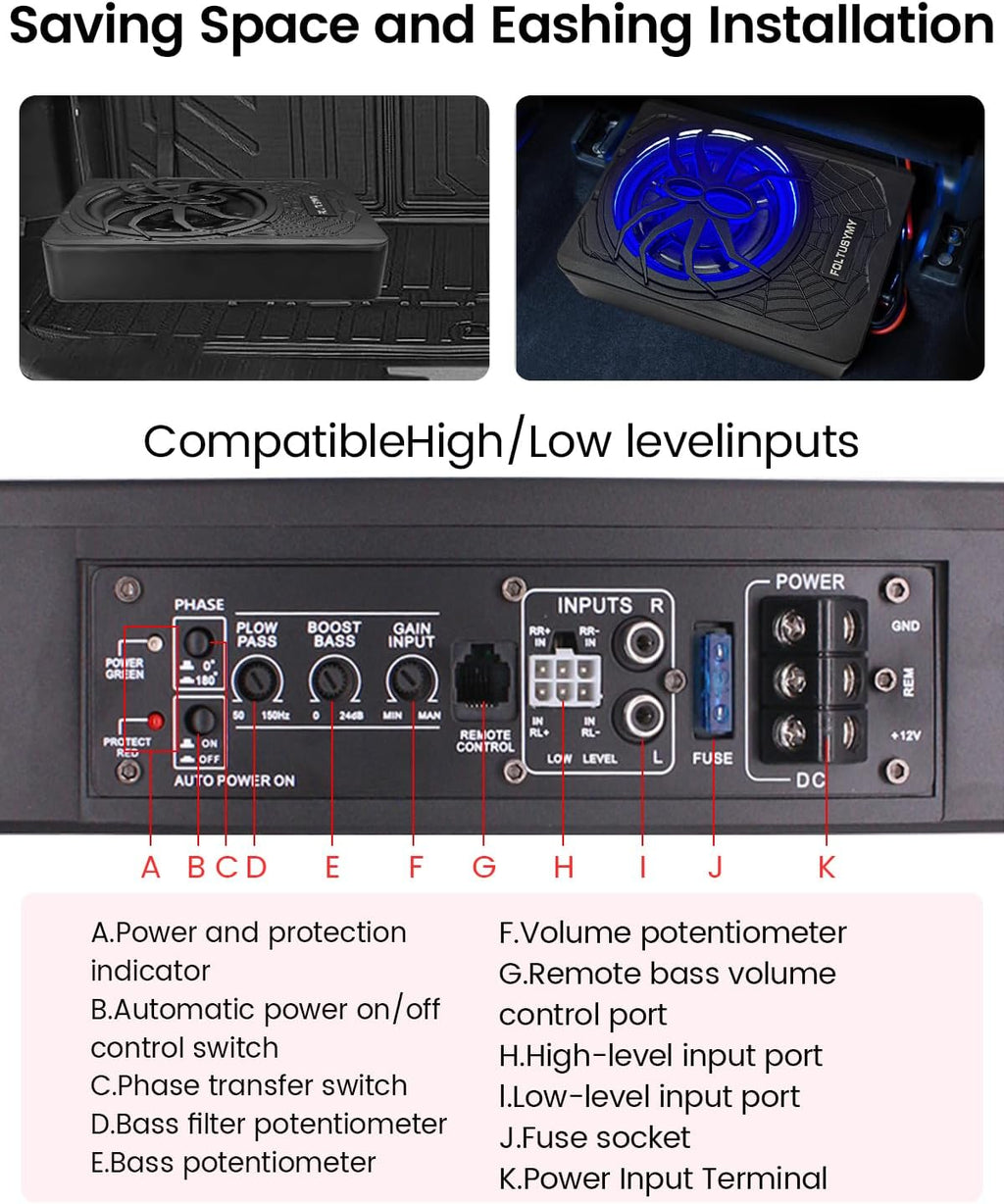 1200W 10" Slim Under Seat Powered Car Subwoofer, High/Low Level Input, Car/Truck Audio Sub Built-in Amplifier amp