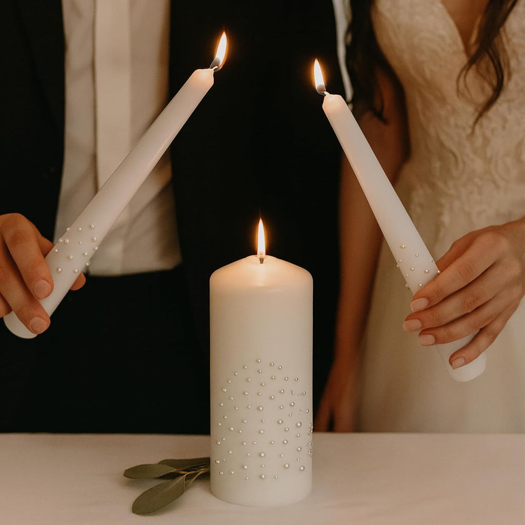 Pearl Cascade Unity Candle Set for Wedding Ceremony & Reception, White Unity Candles 6” Pillar & Two 10” Taper