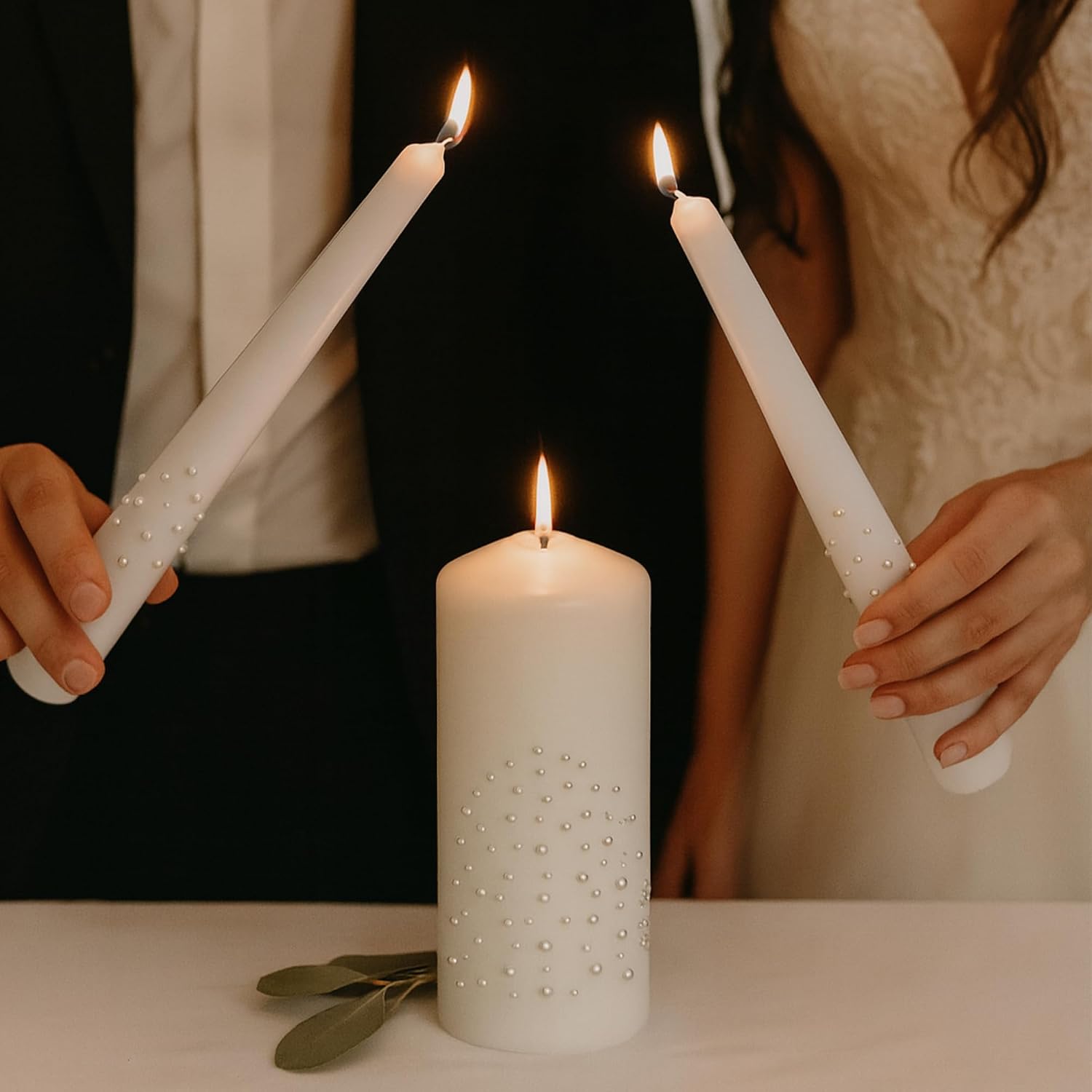 Pearl Cascade Unity Candle Set for Wedding Ceremony & Reception, White Unity Candles 6” Pillar & Two 10” Taper