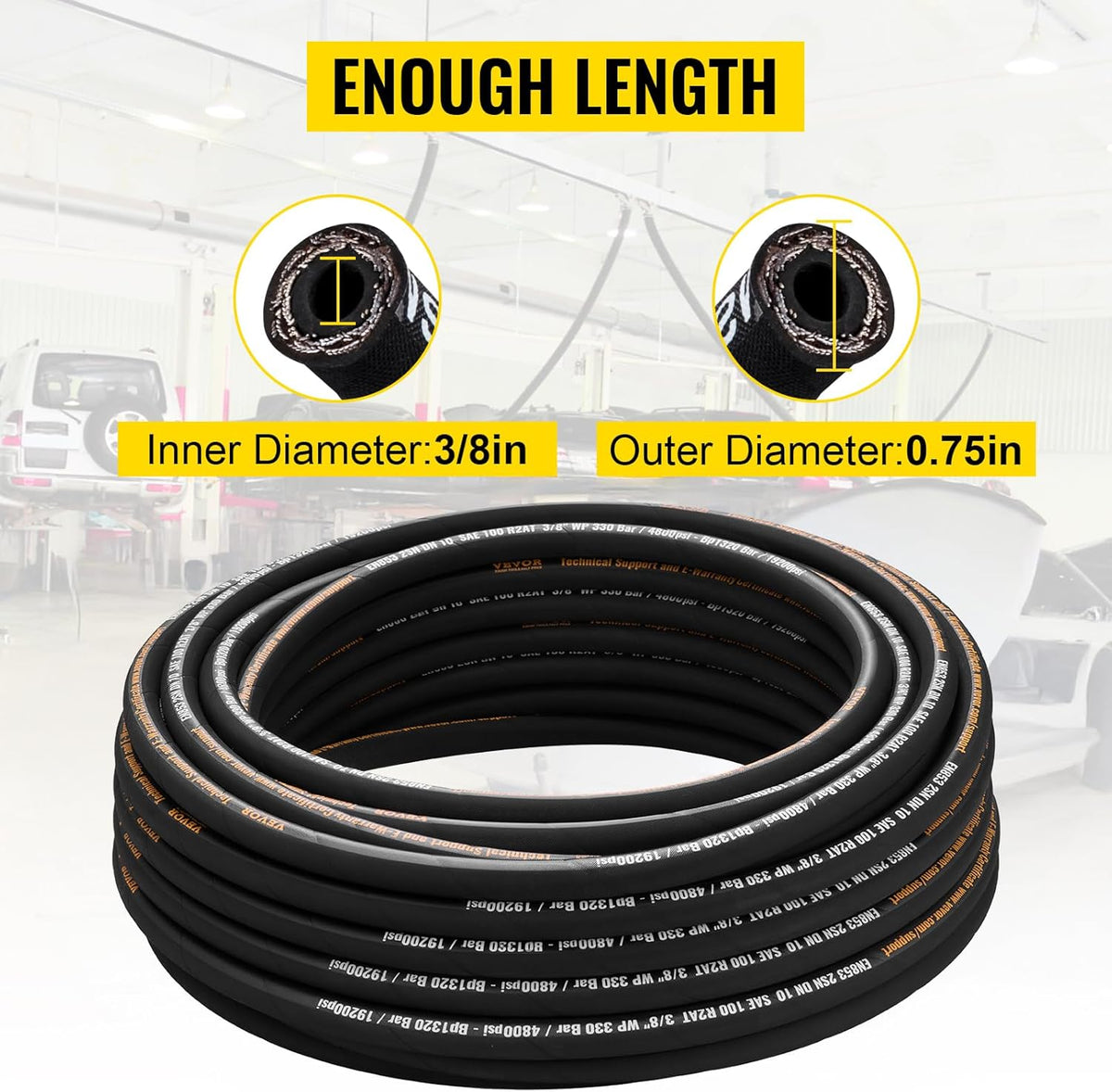 VEVOR Hydraulic Hose 3/8 Inch x 100 Ft 4800 PSI Working Pressure