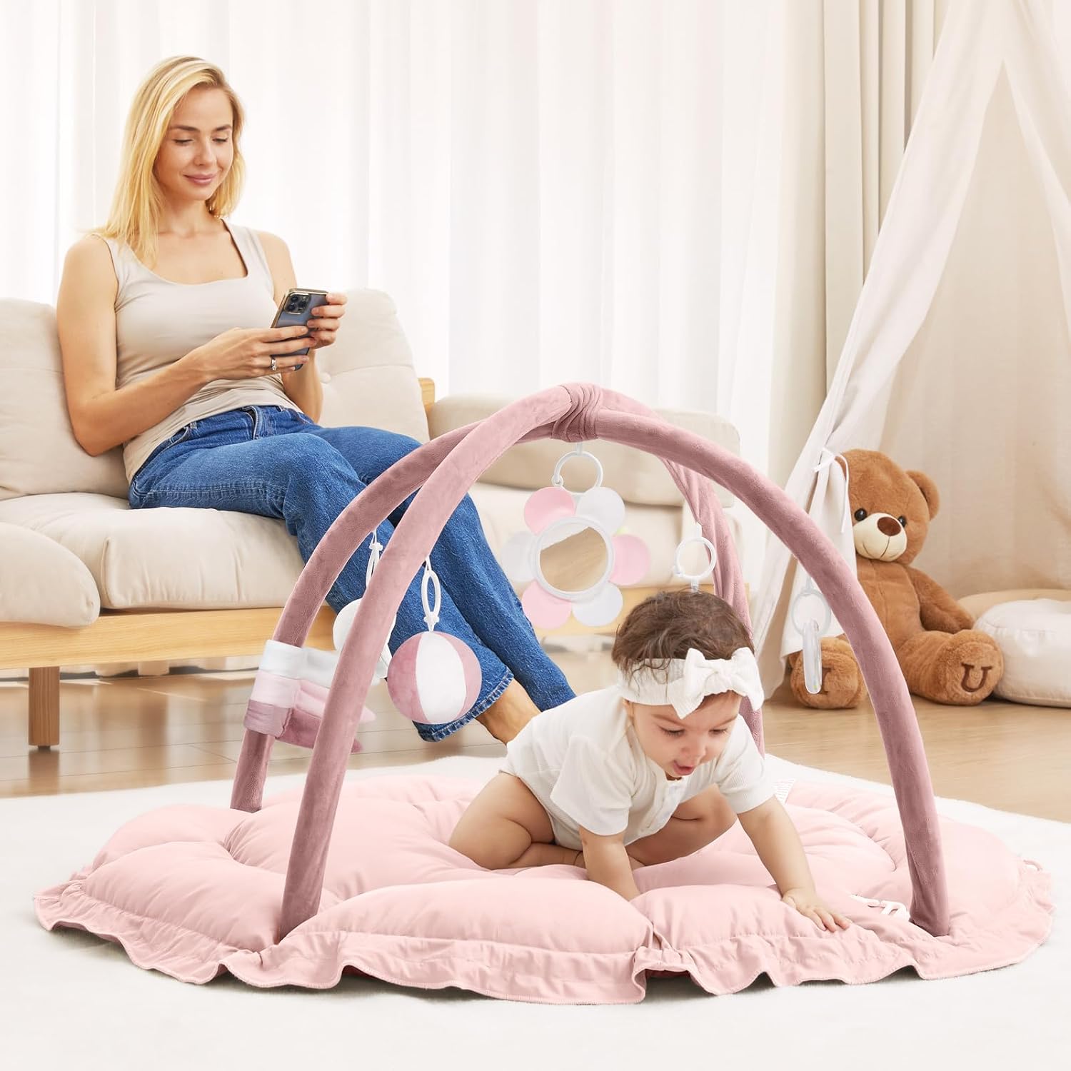 5 in 1 Baby Play Gym Mat, Reversible Tummy Time Mat with 5 Sensory Toys for Stage-Based Developmental, Thick & Large