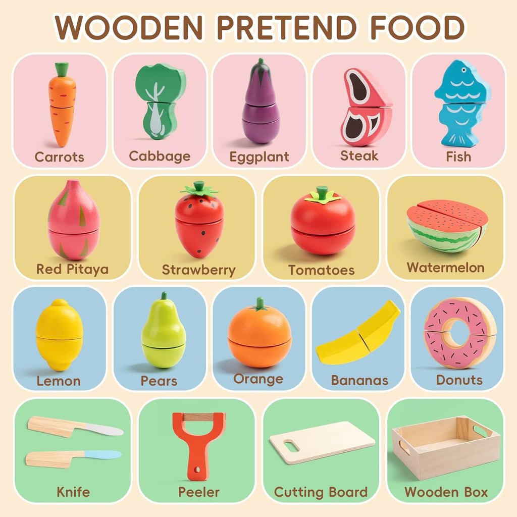 Wooden Play Food for Toddlers - 34Pcs Velcro Fruit and Veggies with Basket & Chopping Board, Play Food Sets for Kids